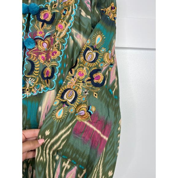 NEW Figue Josie Embroidered Short Bohemian Pom Pom Long Sleeve Green Mini Dress - Picture 7 of 10